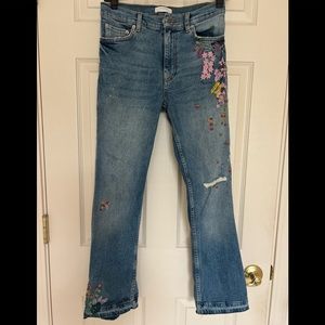 Zara Premium Denim Collection Blue Floral Embroidered Jeans Size 2